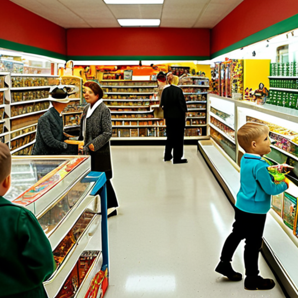 The Post-War Toy Store**

"A vibrant and busy toy store in the 1950s, filled with children excitedly looking at shelves stocked with plastic toy soldiers and cowboy figures. The store is brightly lit with warm colors.  Families are browsing.  Focus on the toys and the expressions of joy on the children's faces. Fully clothed, modest clothing, appropriate content, safe for work, perfect anatomy, natural proportions, professional, family-friendly."

**
