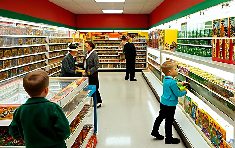 The Post-War Toy Store**

"A vibrant and busy toy store in the 1950s, filled with children excitedly looking at shelves stocked with plastic toy soldiers and cowboy figures. The store is brightly lit with warm colors.  Families are browsing.  Focus on the toys and the expressions of joy on the children's faces. Fully clothed, modest clothing, appropriate content, safe for work, perfect anatomy, natural proportions, professional, family-friendly."

**